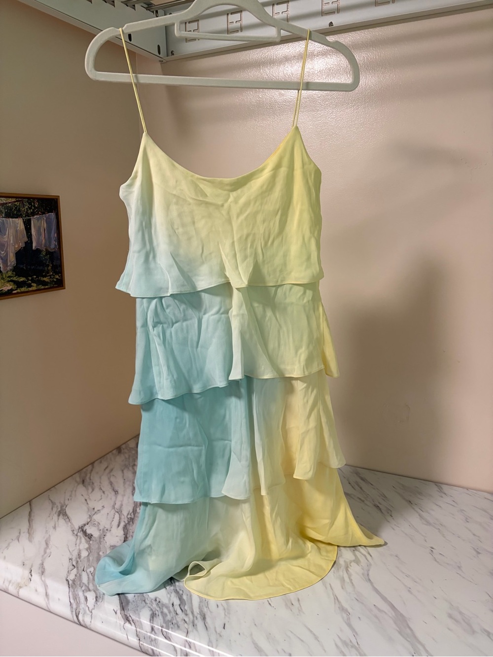Nine West 100% Silk Tiered Ombre Ruffle Slip Dress Pastel Yellow Aqua - Size 6
